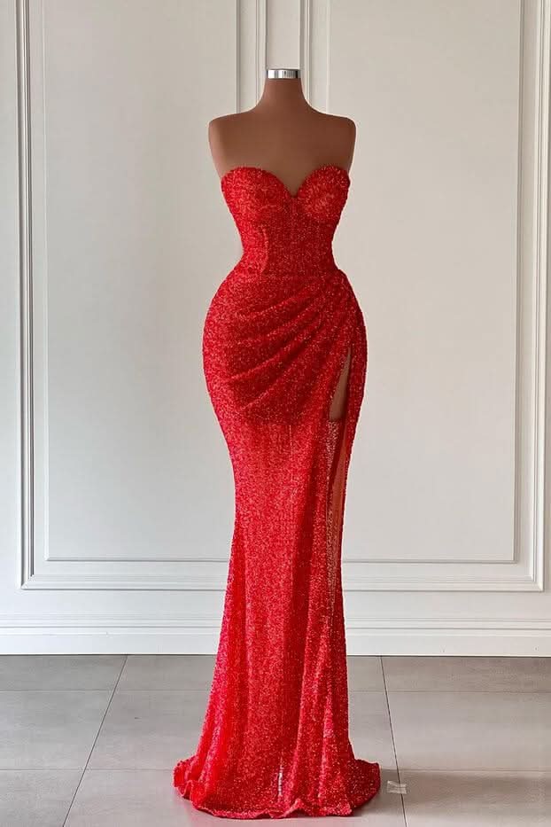 Red Sleeveless Sweetheart Long Mermaid Prom Dress with Split Sequins BM bride