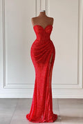 Red Sweetheart Sleeveless Long Mermaid Sequins Prom Dress With High Split BMBRIDE