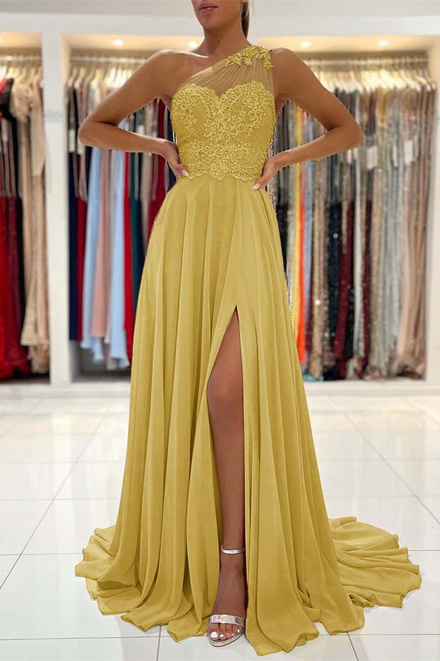 Glamorous One Shoulder Sleeveless Lace Appliques Prom Dress With Front Split BMBRIDE