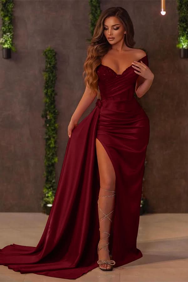 Red Long Ruffle Mermaid Split Prom Dress with Sequins and Sweetheart BM bride