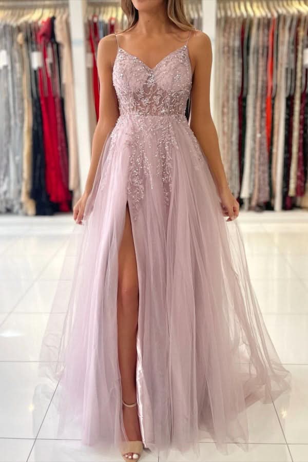 Beadings Spaghetti Strap Tulle A-Line Evening Dress BM bride