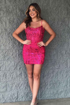 Sparkly Fuchsia Sequined Corset Tight Short Homecoming Dress