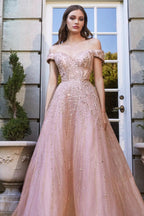 Pink Off-the-Shoulder Sweetheart Beaded Prom Dress with Sequined Tulle BM bride
