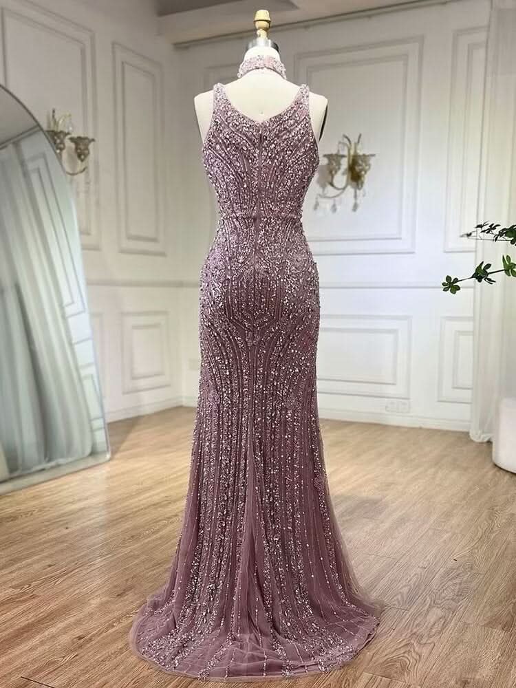 Luxurious Square Beaded Embroidered Formal Evening Dress with Slit BM bride