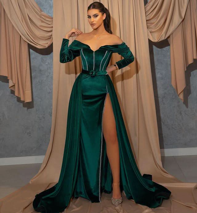 Dark Green Long Sleeve Sweetheart Mermaid Prom Dress with Front Split and Belt BM bride