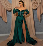 Dark Green Long Sleeve Sweetheart Mermaid Prom Dress with Front Split and Belt BM bride