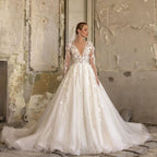 Deep V-neck Long Sleeves A-Line Wedding Dress With Lace Appliques Ruffles Tulle BM bride