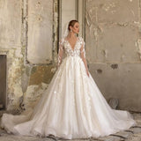 Deep V-neck Long Sleeves A-Line Wedding Dress With Lace Appliques Ruffles Tulle BM bride