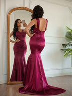 Elegant Deep Red Sleeveless V Neck Mermaid Pleated Long Prom Dress