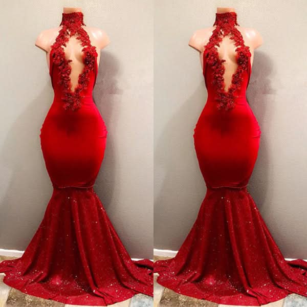 Red High Collar Mermaid Prom Dress with Sequins BM bride