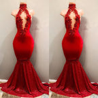 Red High Collar Mermaid Prom Dress with Sequins BM bride