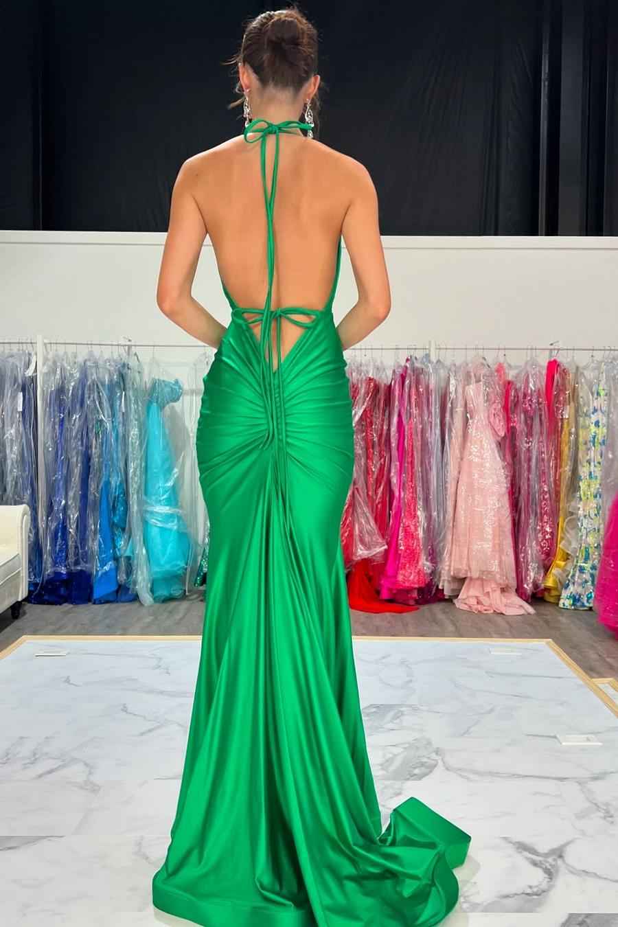 Halter V Neck Sleeveless Backless Mermaid Long Prom Dress With Pleated