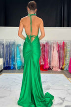 Halter V Neck Sleeveless Backless Mermaid Long Prom Dress With Pleated