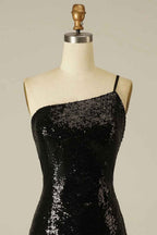 Glitter One Shoulder Tight Black Homecoming Dress
