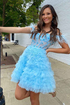Sparkly Purple Corset A-Line Short Homecoming Dress with Feathers Bmbride