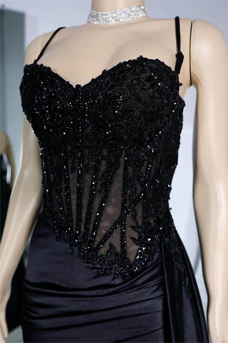 Exquisite Black Spaghetti Strap Sleeveless Pleated Long Split Prom Dress With Beading BMBRIDE