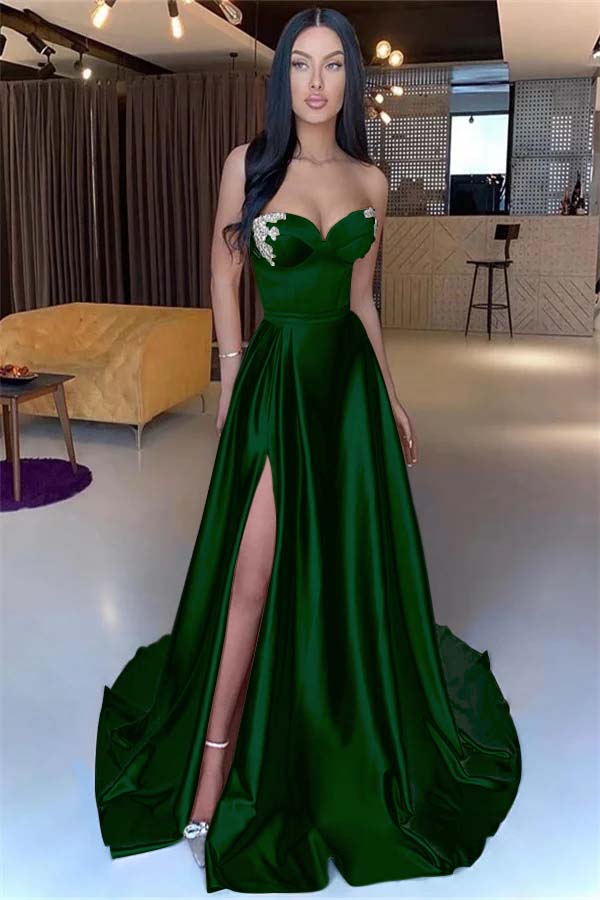 Sweetheart Yellow Strapless Mermaid Beadings Long Prom Dress With Split BMBRIDE