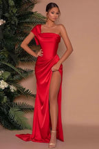 Red One Shoulder Mermaid Front Split Prom Dress with Strapless Online BM bride