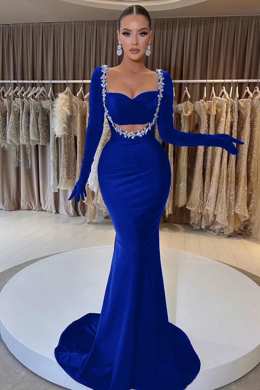 Charming Black Velvet Long Sleeve Beaded Long Mermaid Prom Dress With Gloves BMBRIDE