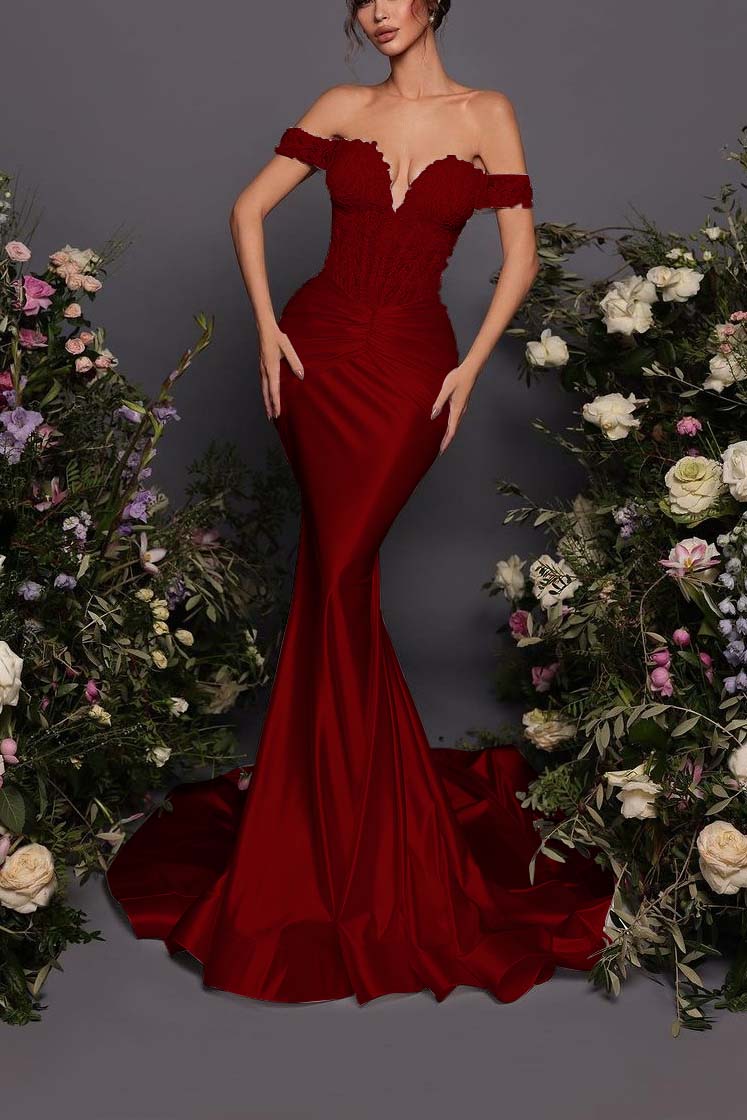 Off The Shoulder Sleeveless Long Mermaid Prom Dress With Pleated BMBRIDE