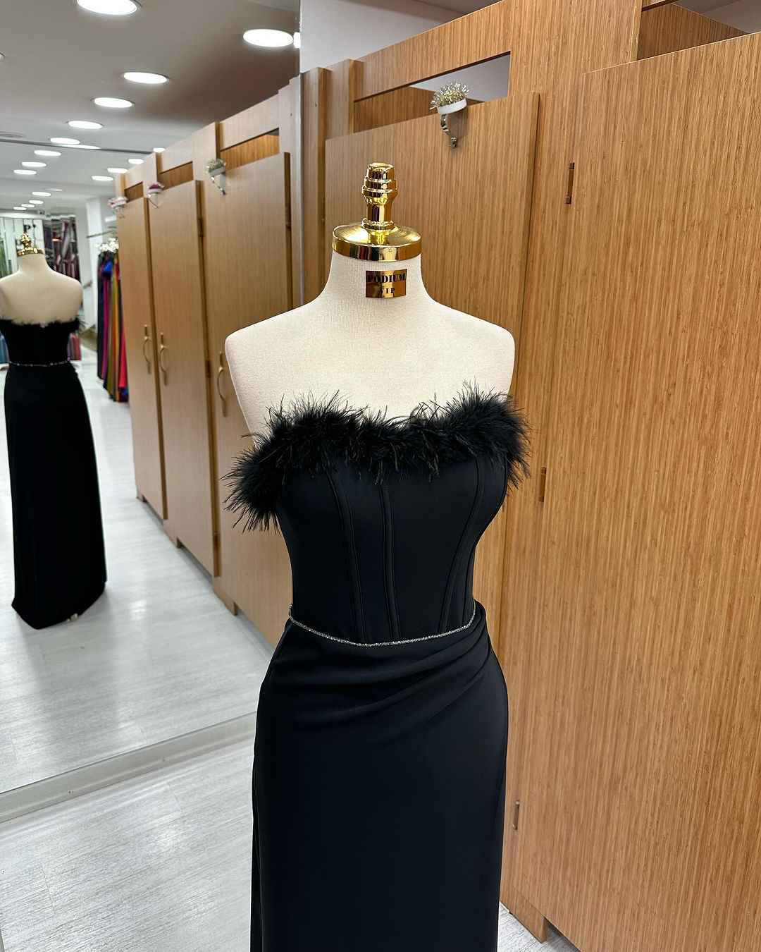Mermaid Prom Dress Long Black Feather Sequins Sleeveless Strapless