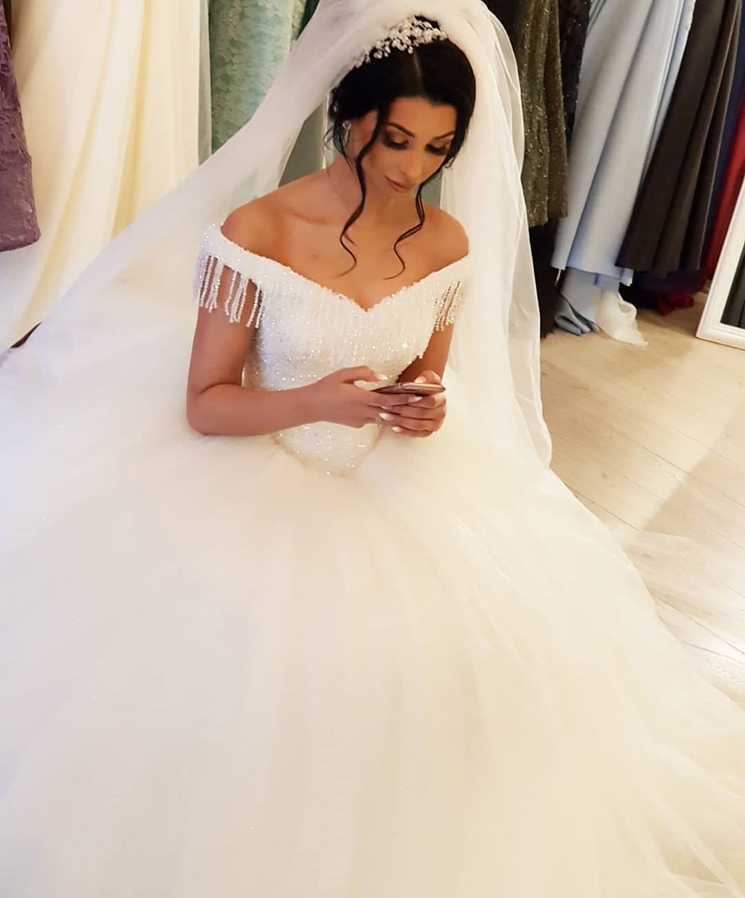 Off-the-shoulder Backless Wedding Dress With Beading Details Tassel Tulle BM bride