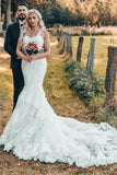 Sleeveless Lace Mermaid Wedding Dress with Chapel Train BM bride