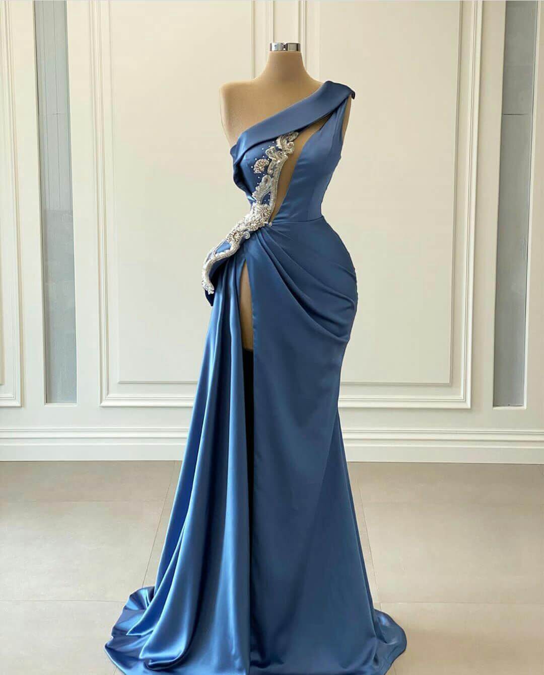Blue One Shoulder Mermaid Prom Dress with Beading BM bride