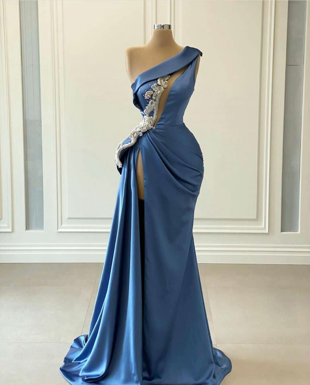 Blue One Shoulder Mermaid Prom Dress with Beading BM bride