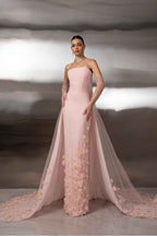 Strapless Sleeveless Long Mermaid Prom Dress With Appliques Gloves