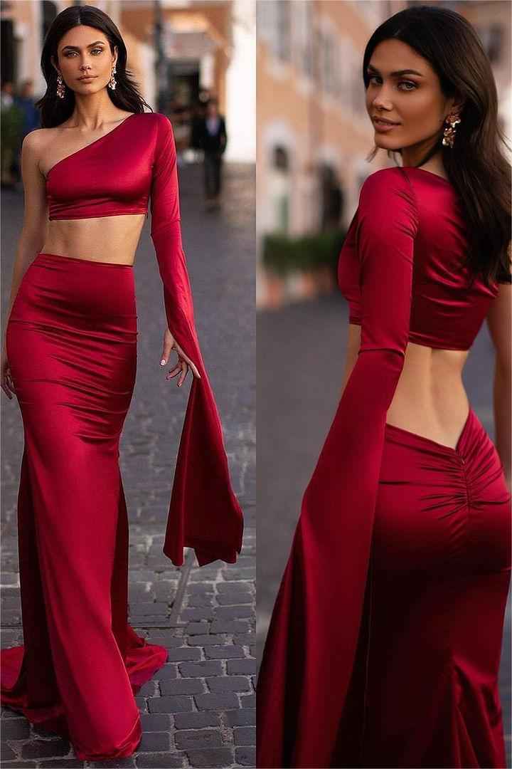 Red Two Pieces One Shoulder Long Sleeve Mermaid Long Prom Dress