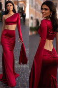 Red Two Pieces One Shoulder Long Sleeve Mermaid Long Prom Dress