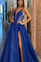 Royal Blue Split Spaghetti Strap Sleeveless Prom Dress With Appliques
