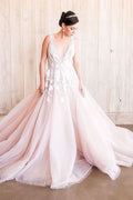 A-Line Deep V-Neck Wide Strap Tulle Wedding Dress with Open Back and Lace Appliques BM bride
