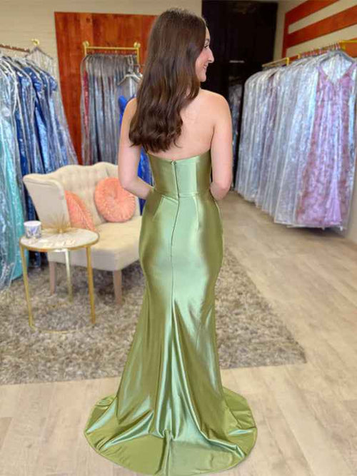 Green Mermaid Strapless Pleated Long Prom Dress with Slit BMBRIDE