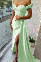 Stunning Lilac Off-the-Shoulder Evening Dress Long Split with Ruffle BM bride