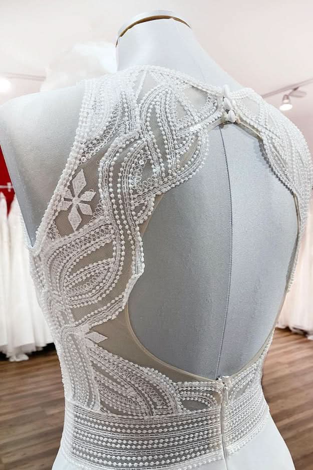 Long Satin A-line Wedding Dress Jewel Open Back With Ruffles Appliques BM bride