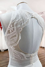 Long Satin A-line Wedding Dress Jewel Open Back With Ruffles Appliques BM bride
