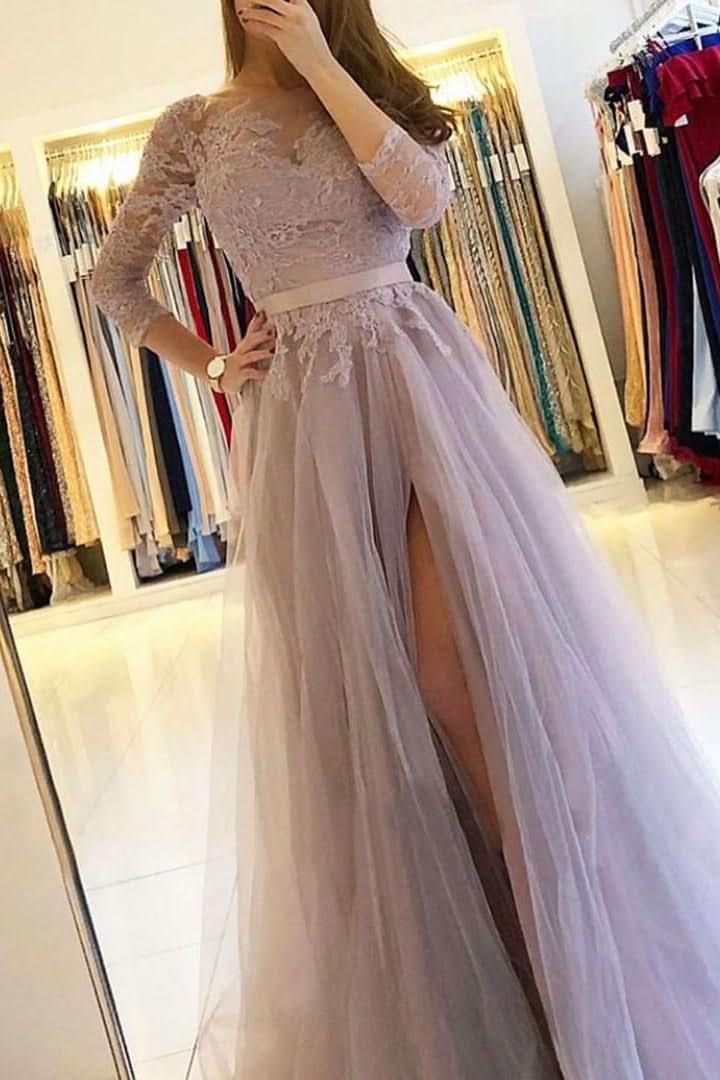 Long Sleeve A-Line Prom Dress with Lace and Split BM bride