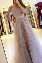 Long Sleeve A-Line Prom Dress with Lace and Split BM bride