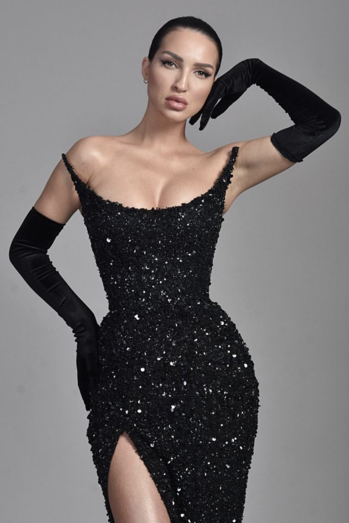 Elegant Black Long Evening Dress with Sequins Half Sleeves and Slit BM bride