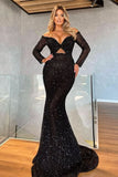 Black Long Sleeves V-Neck Mermaid Prom Dress with Sequins BM bride