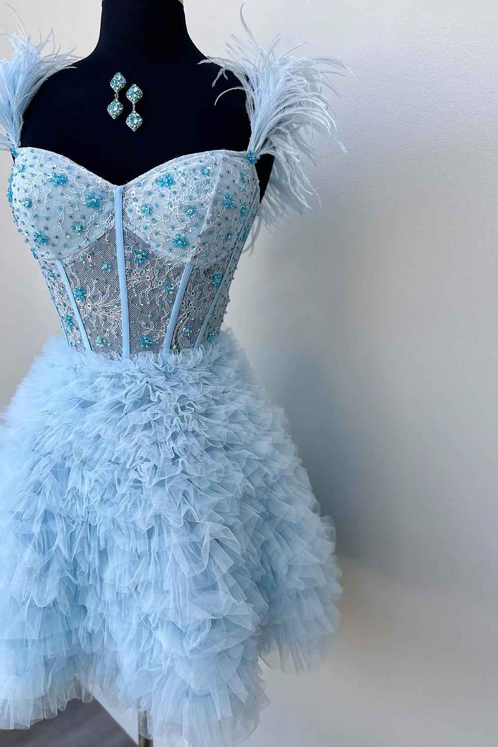 Sparkly Purple Corset A-Line Short Homecoming Dress with Feathers Bmbride