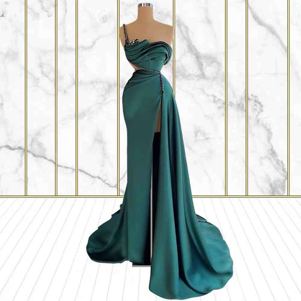 Emerald Rhinestone Sleeveless Mermaid One Shoulder Prom Dress With Split