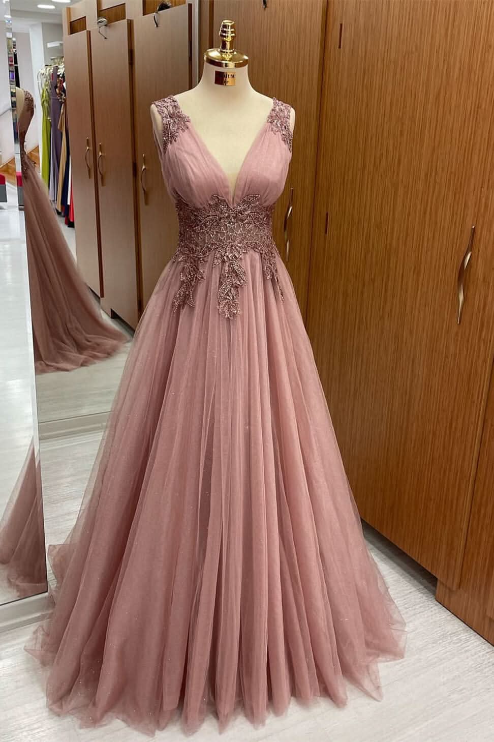 Dusty Pink V-Neck Sleeveless Long Tulle Prom Dress with Appliques BM bride