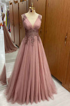 Dusty Pink Sleeveless A Line Prom Dress Tulle Long With Appliques V Neck