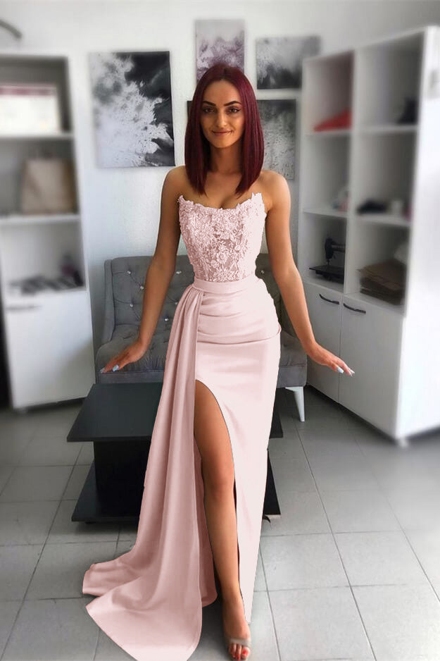 Amazing Strapless Sleeveless Mermaid Split Prom Dress With Appliques Ruffles