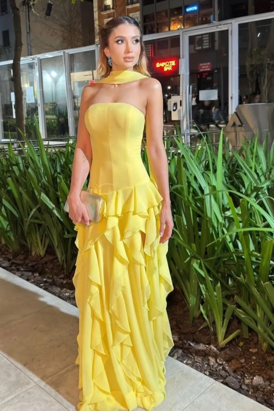 Strapless Sleeveless Long Split Prom Dress With Pleated Ruffles