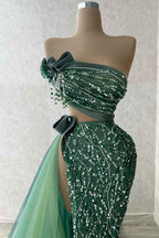 Tulle Strapless Sleeveless High Split Long Prom Dress With Beading