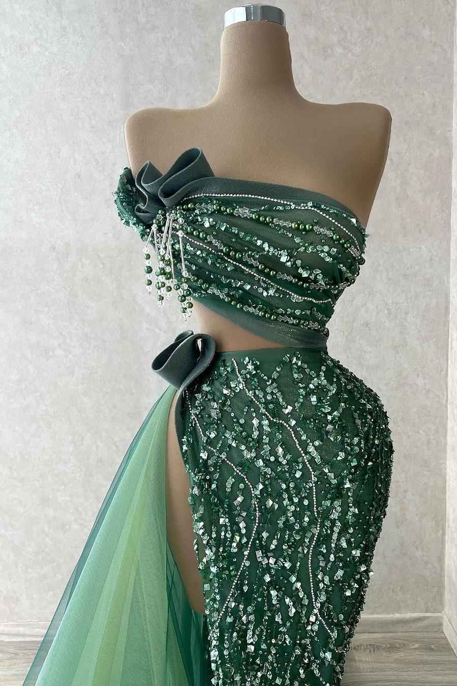 Tulle Strapless Sleeveless High Split Long Prom Dress With Beading